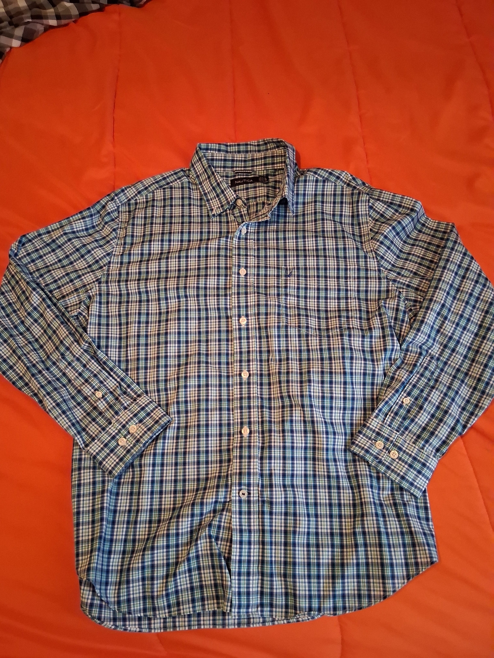 Nautica Men’s Blue and Green Plaid Button-Down Shirt - Picture 2 of 5
